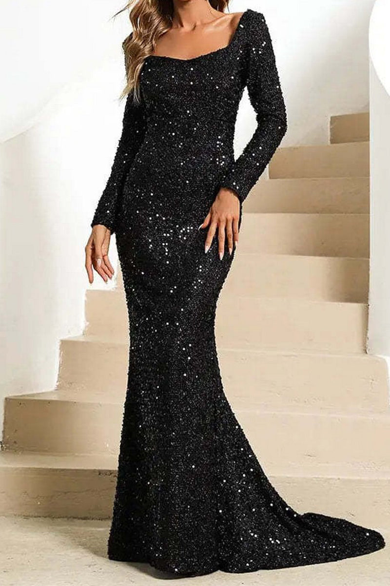 WOMEN LONG BELL SLEEVE SEQUIN MAXI PARTY DRESS