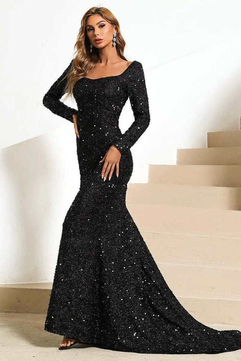 WOMEN LONG BELL SLEEVE SEQUIN MAXI PARTY DRESS