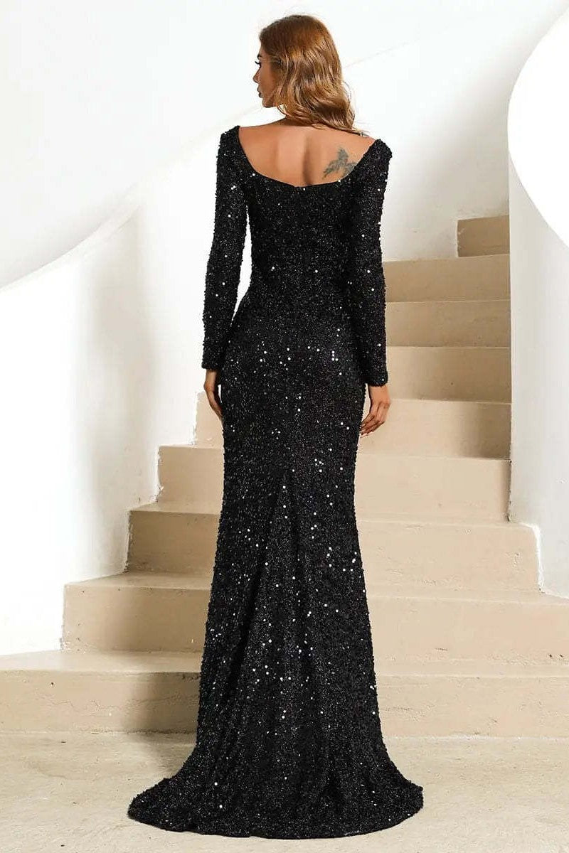 WOMEN LONG BELL SLEEVE SEQUIN MAXI PARTY DRESS