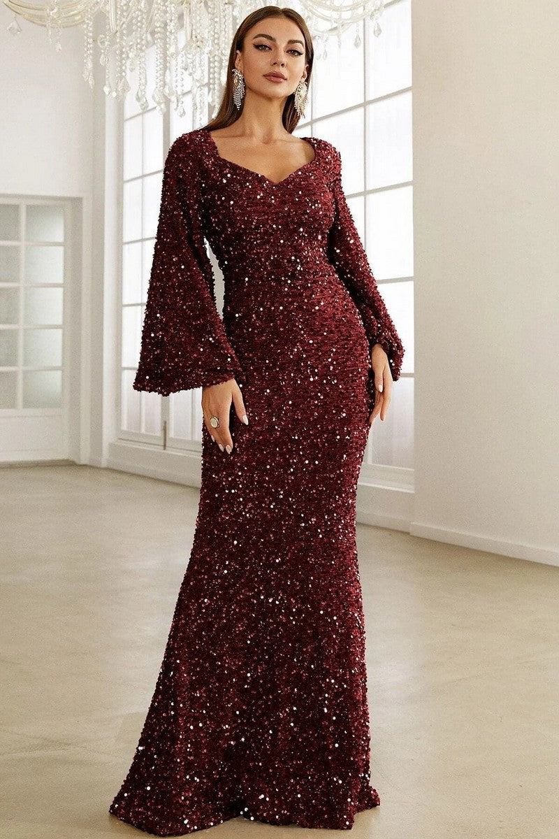 WOMEN LONG BELL SLEEVE SEQUIN MAXI PARTY DRESS