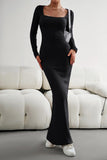 WOMEN SQUARE NECK SEXY TIGHT FIT MAXI LONG DRESS