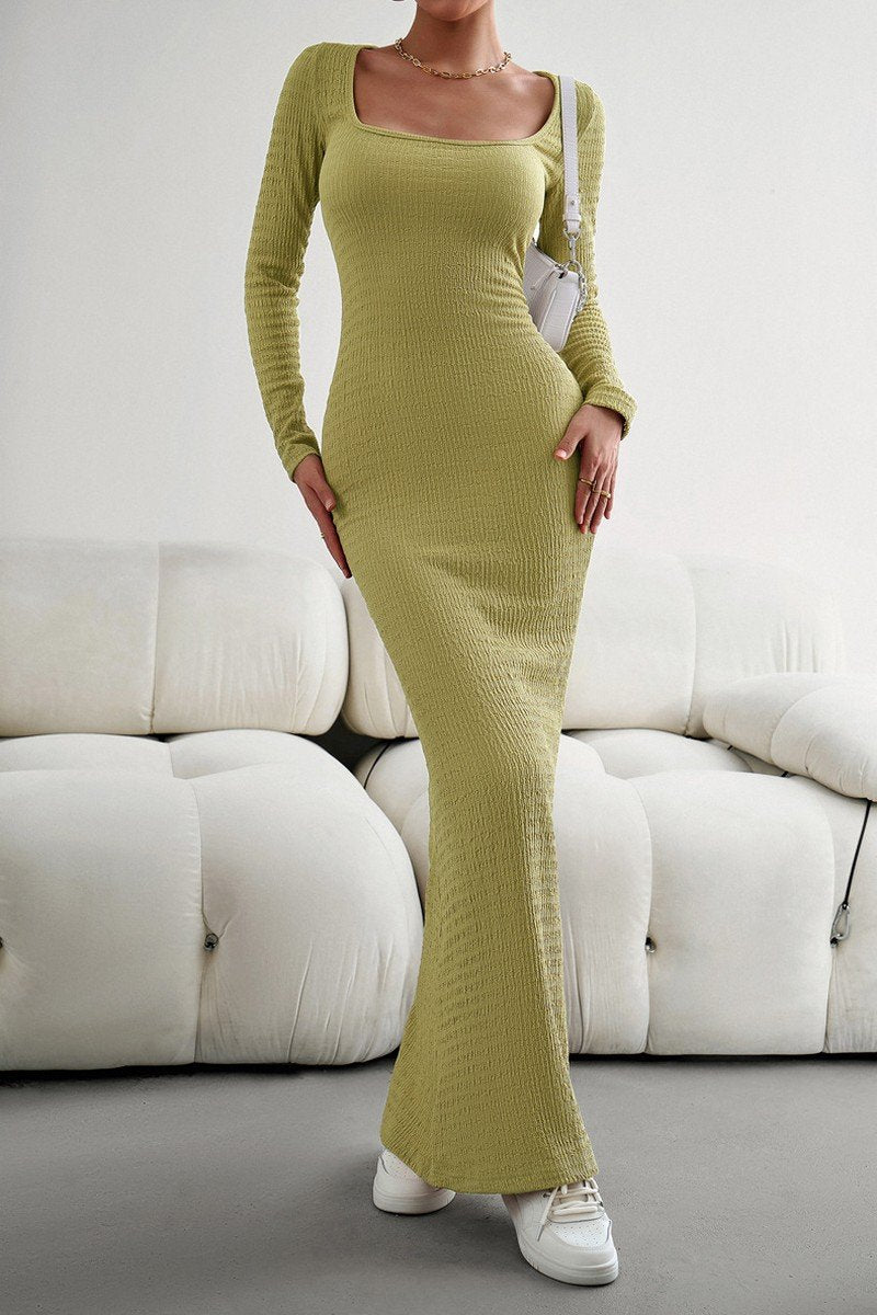 WOMEN SQUARE NECK SEXY TIGHT FIT MAXI LONG DRESS