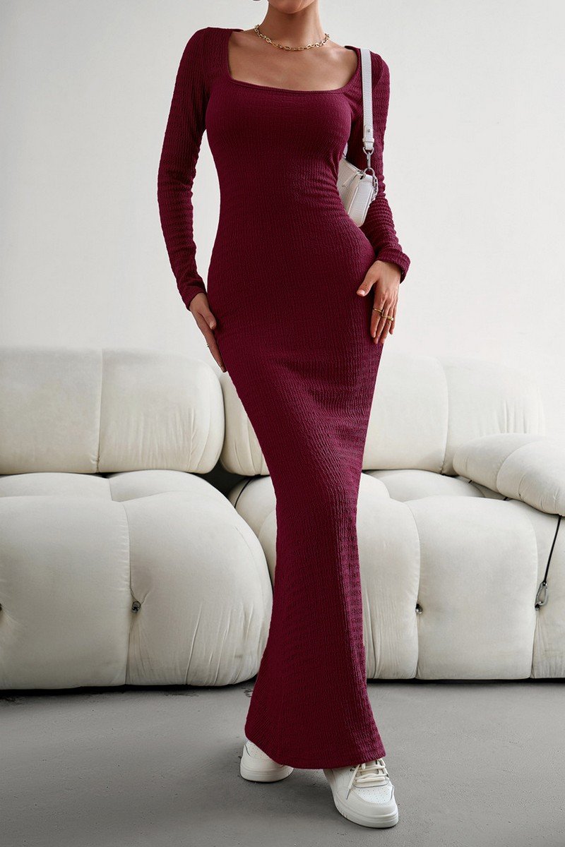 WOMEN SQUARE NECK SEXY TIGHT FIT MAXI LONG DRESS