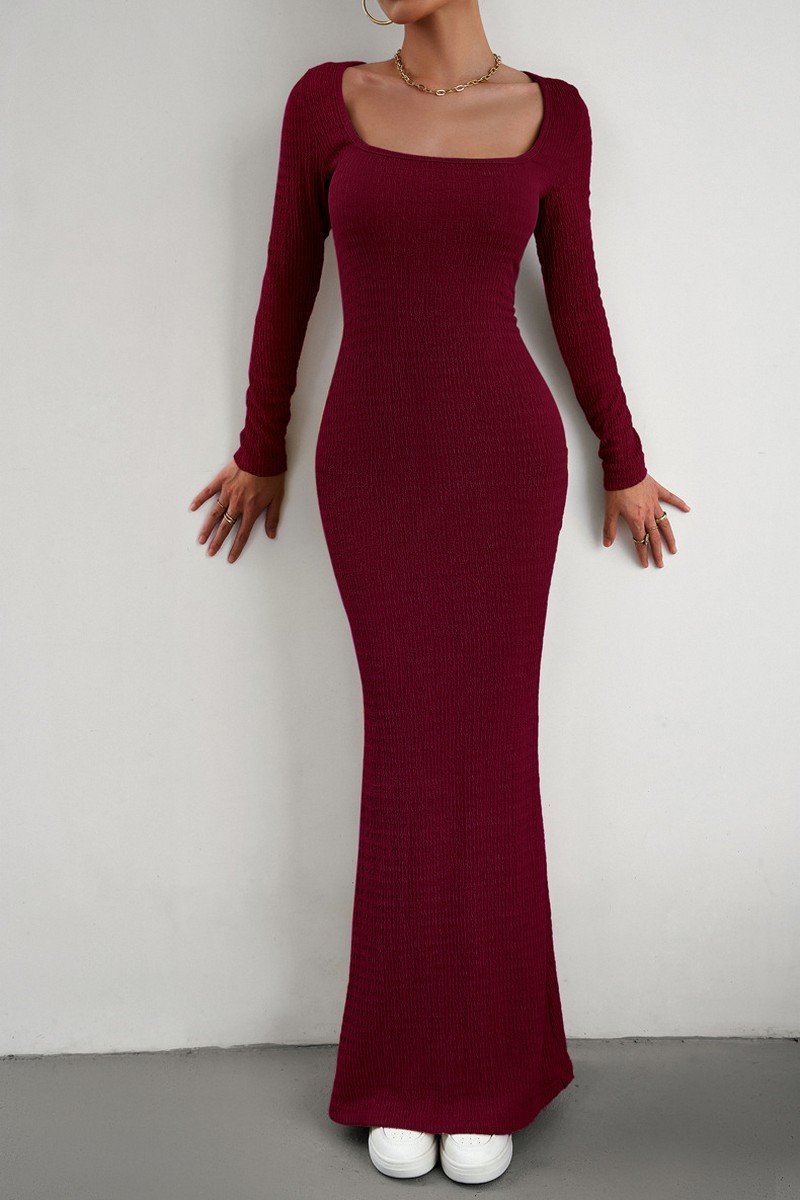 WOMEN SQUARE NECK SEXY TIGHT FIT MAXI LONG DRESS