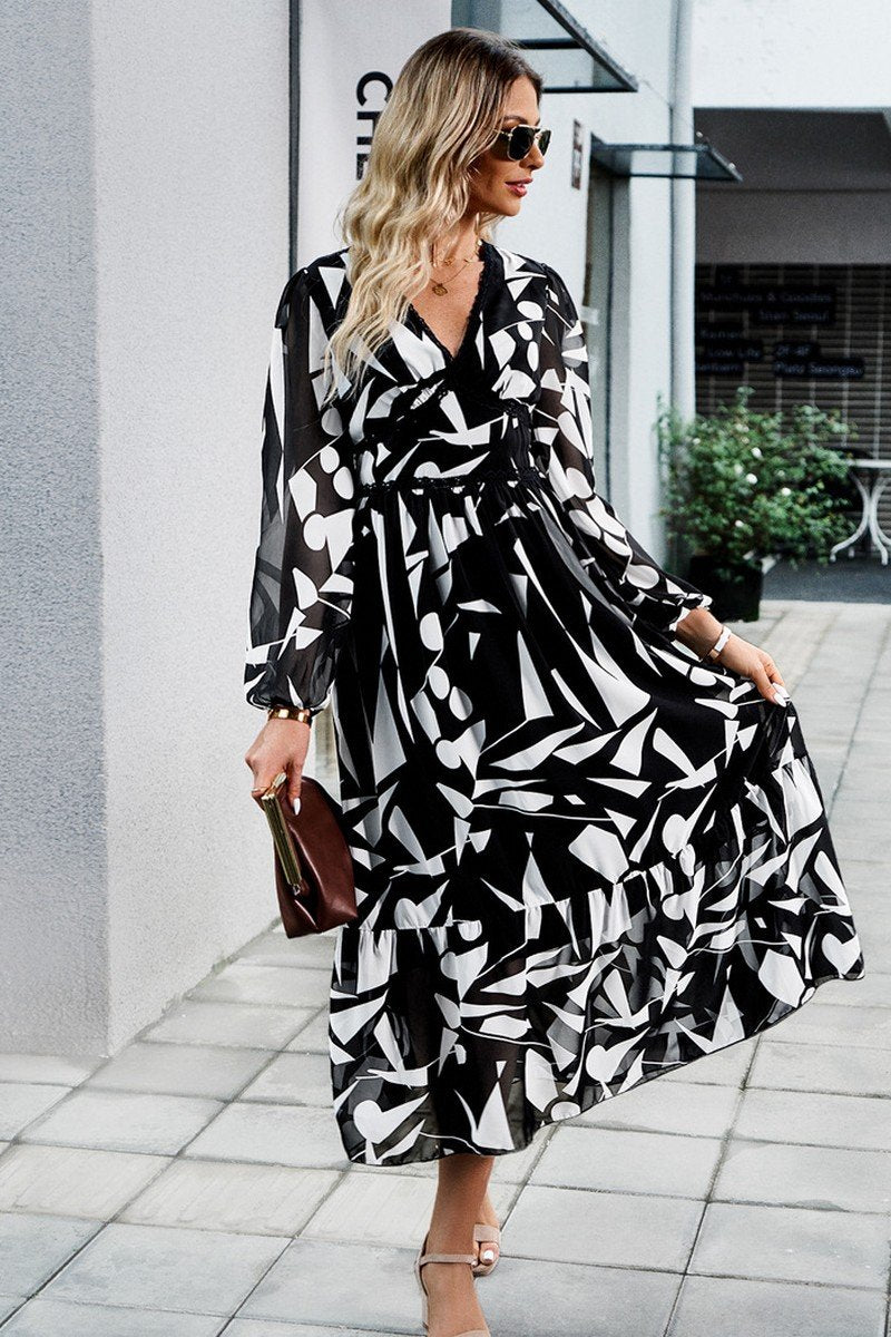 WOMEN PATTERNED ELEGANT V NECK LONG SLEEVE DRESS