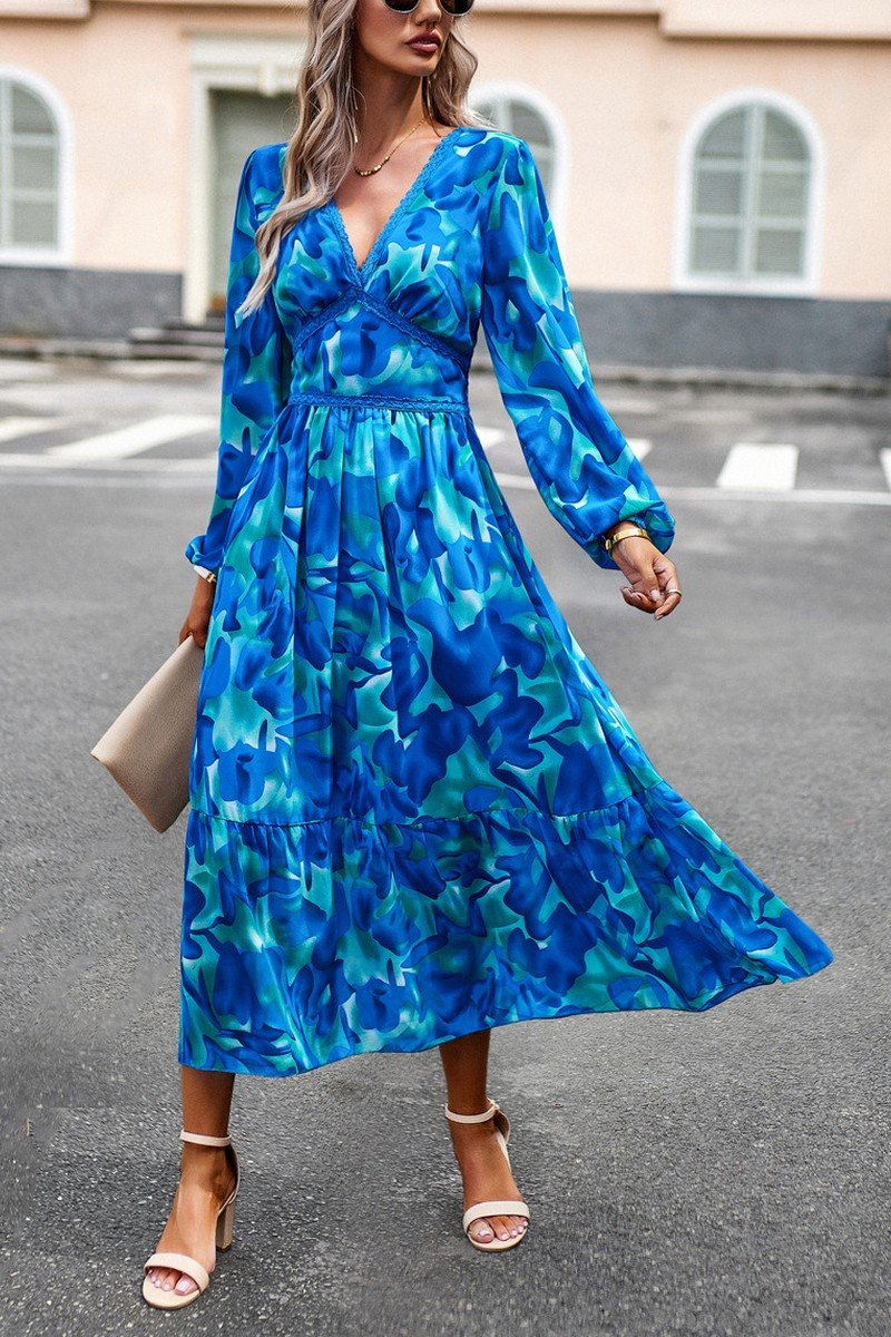 WOMEN PATTERNED ELEGANT V NECK LONG SLEEVE DRESS