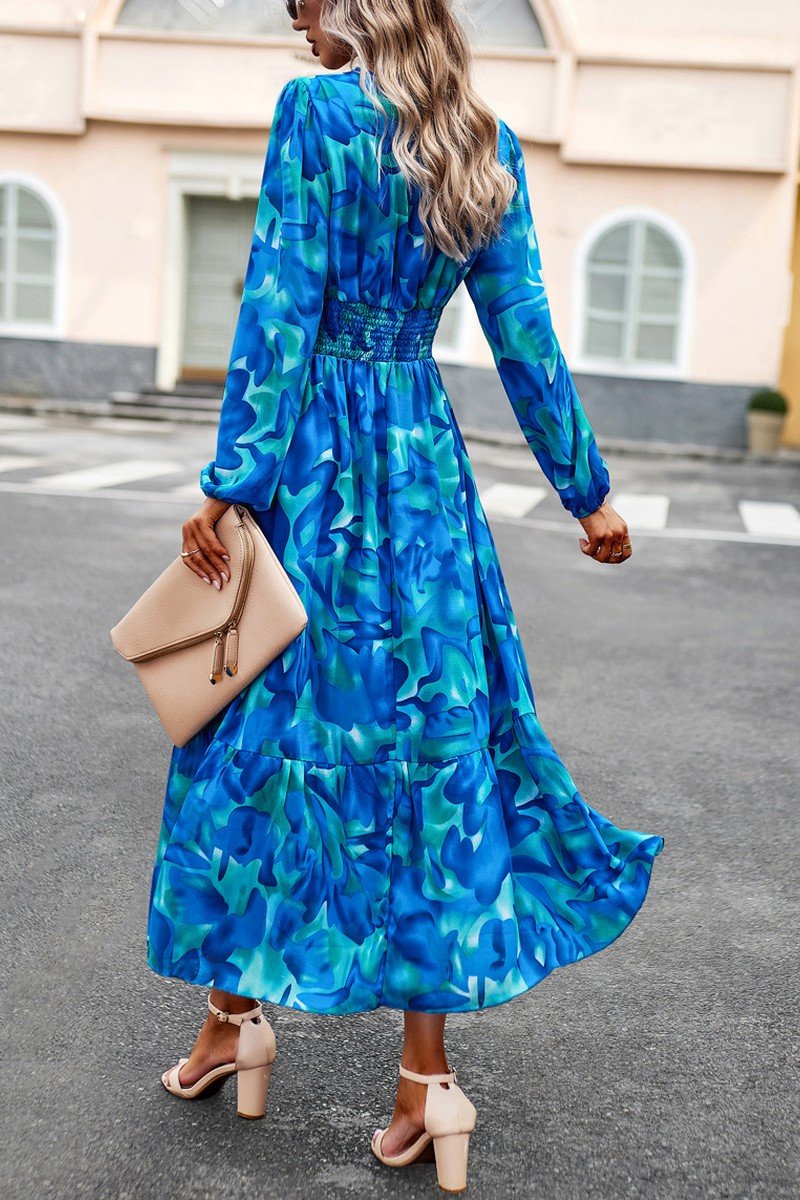 WOMEN PATTERNED ELEGANT V NECK LONG SLEEVE DRESS