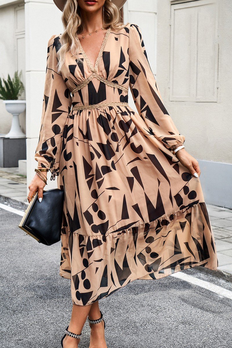 WOMEN PATTERNED ELEGANT V NECK LONG SLEEVE DRESS