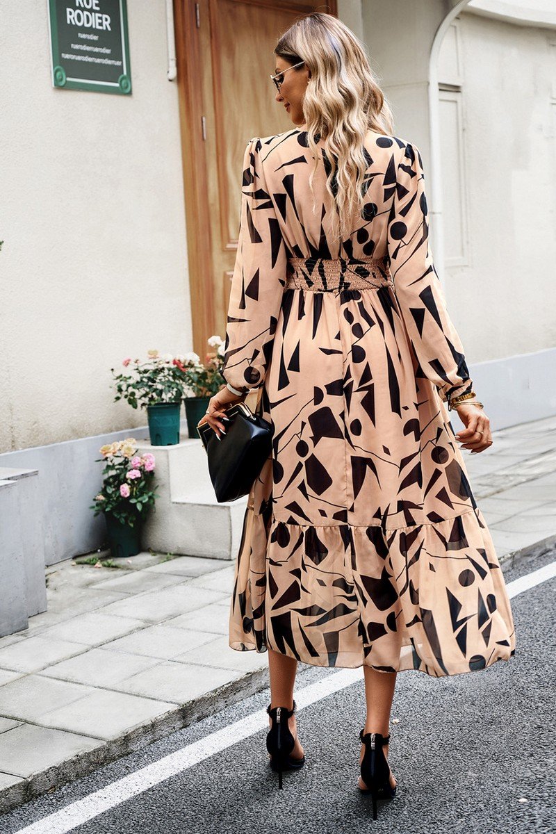 WOMEN PATTERNED ELEGANT V NECK LONG SLEEVE DRESS