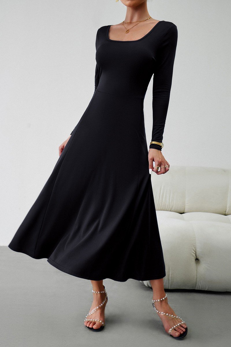 WOMEN U NECK LONG SLEEVE SLIM WAIST LONG DRESS