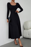 WOMEN U NECK LONG SLEEVE SLIM WAIST LONG DRESS