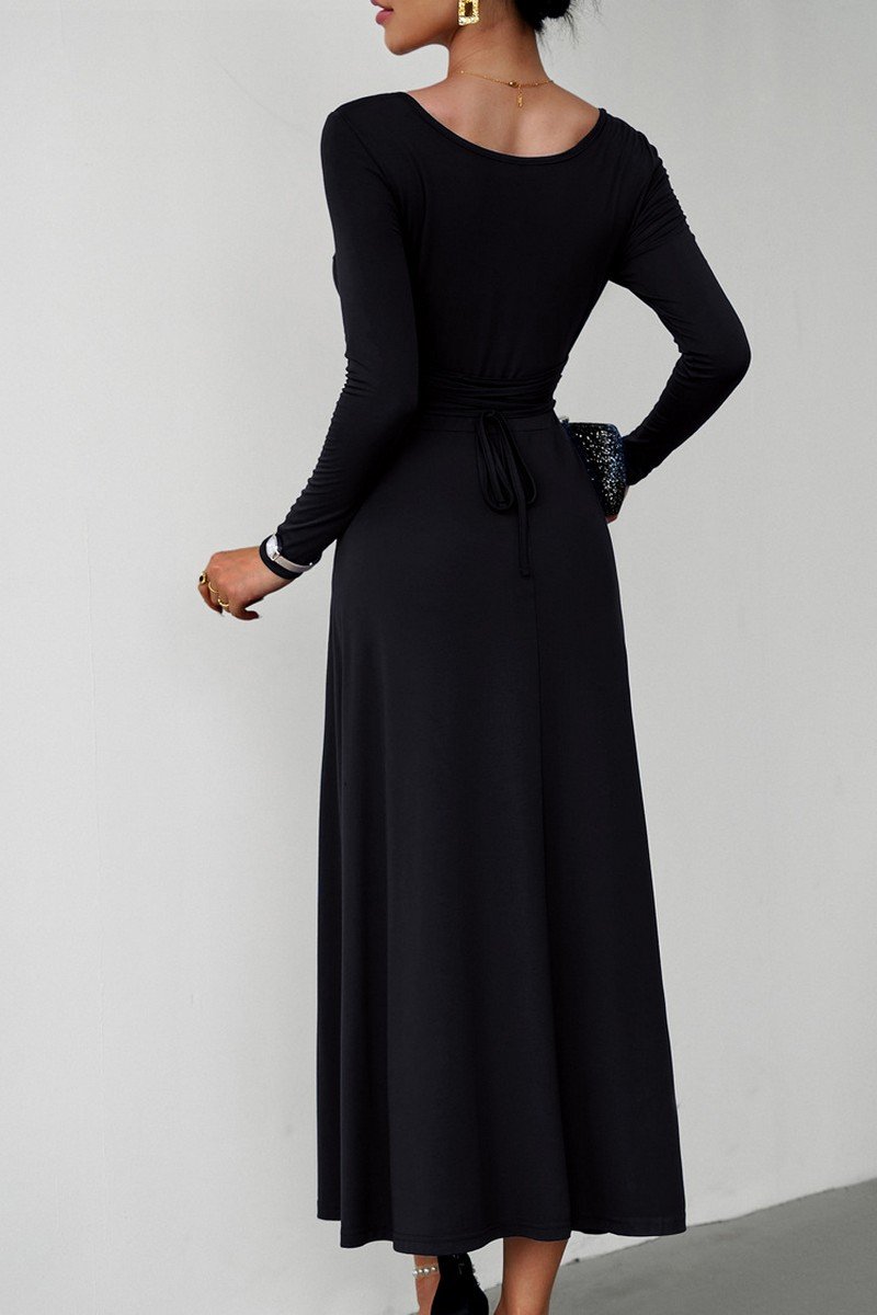 WOMEN U NECK LONG SLEEVE SLIM WAIST LONG DRESS