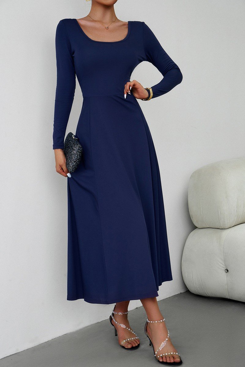 WOMEN U NECK LONG SLEEVE SLIM WAIST LONG DRESS