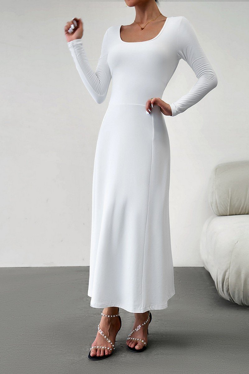 WOMEN U NECK LONG SLEEVE SLIM WAIST LONG DRESS