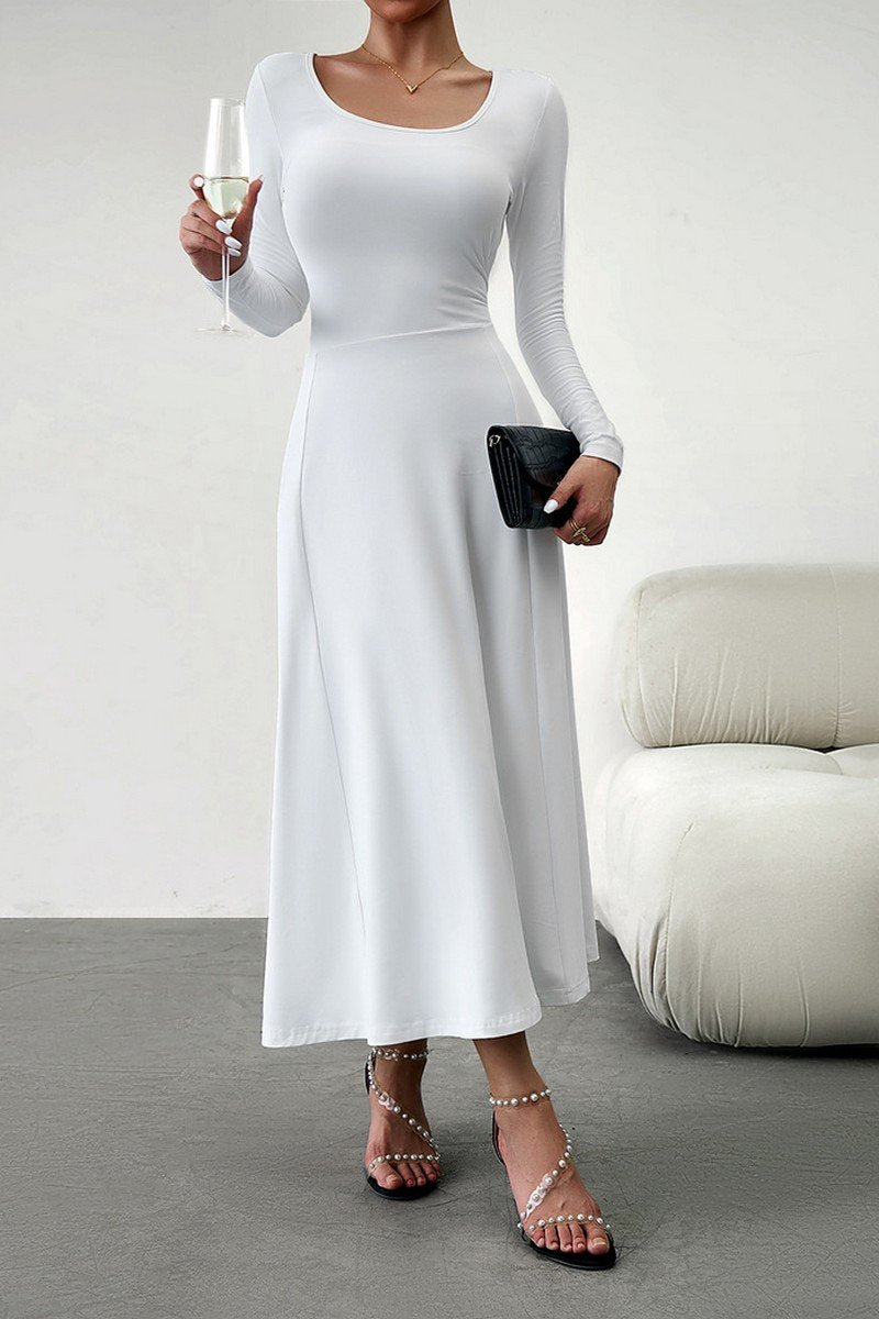 WOMEN U NECK LONG SLEEVE SLIM WAIST LONG DRESS