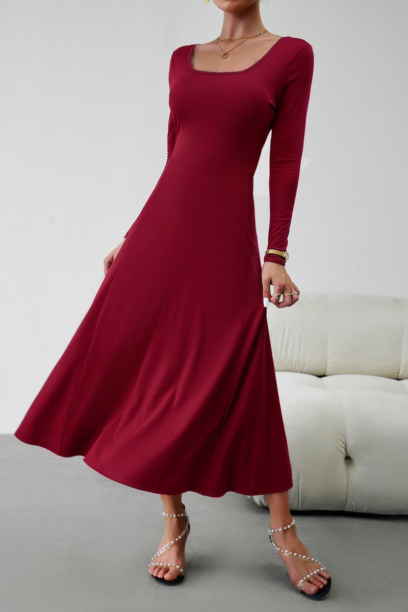 WOMEN U NECK LONG SLEEVE SLIM WAIST LONG DRESS