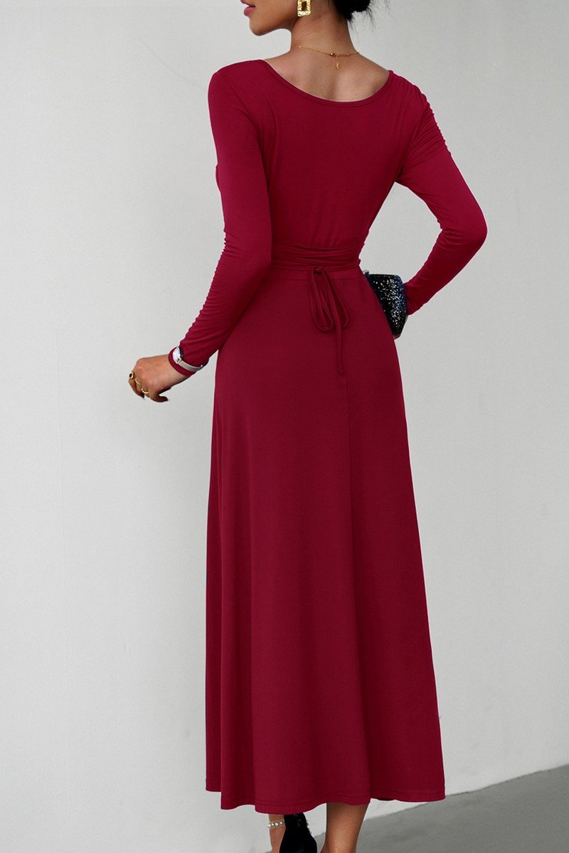 WOMEN U NECK LONG SLEEVE SLIM WAIST LONG DRESS