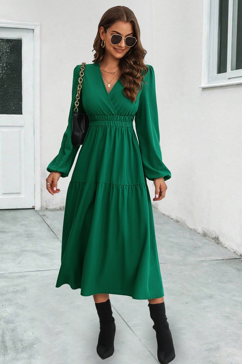 WOMEN ELASTIC WAIST V NECK LONG SLEEVE MAXI DRESS