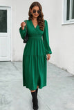 WOMEN ELASTIC WAIST V NECK LONG SLEEVE MAXI DRESS