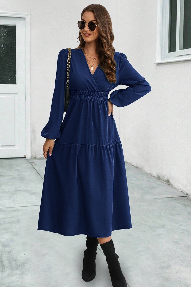 WOMEN ELASTIC WAIST V NECK LONG SLEEVE MAXI DRESS