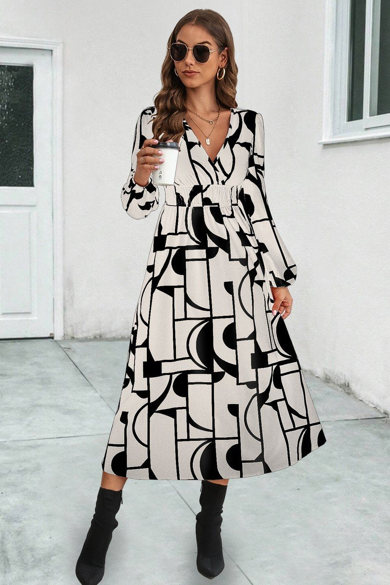 WOMEN ELASTIC WAIST V NECK PATTERNED LONG DRESS