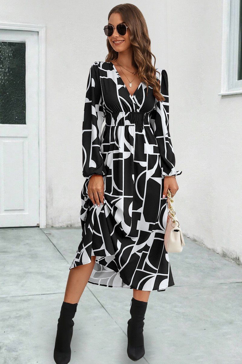 WOMEN ELASTIC WAIST V NECK PATTERNED LONG DRESS