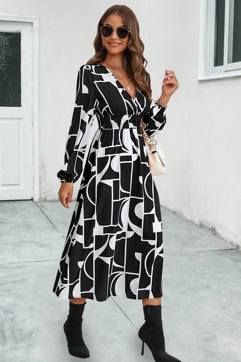 WOMEN ELASTIC WAIST V NECK PATTERNED LONG DRESS