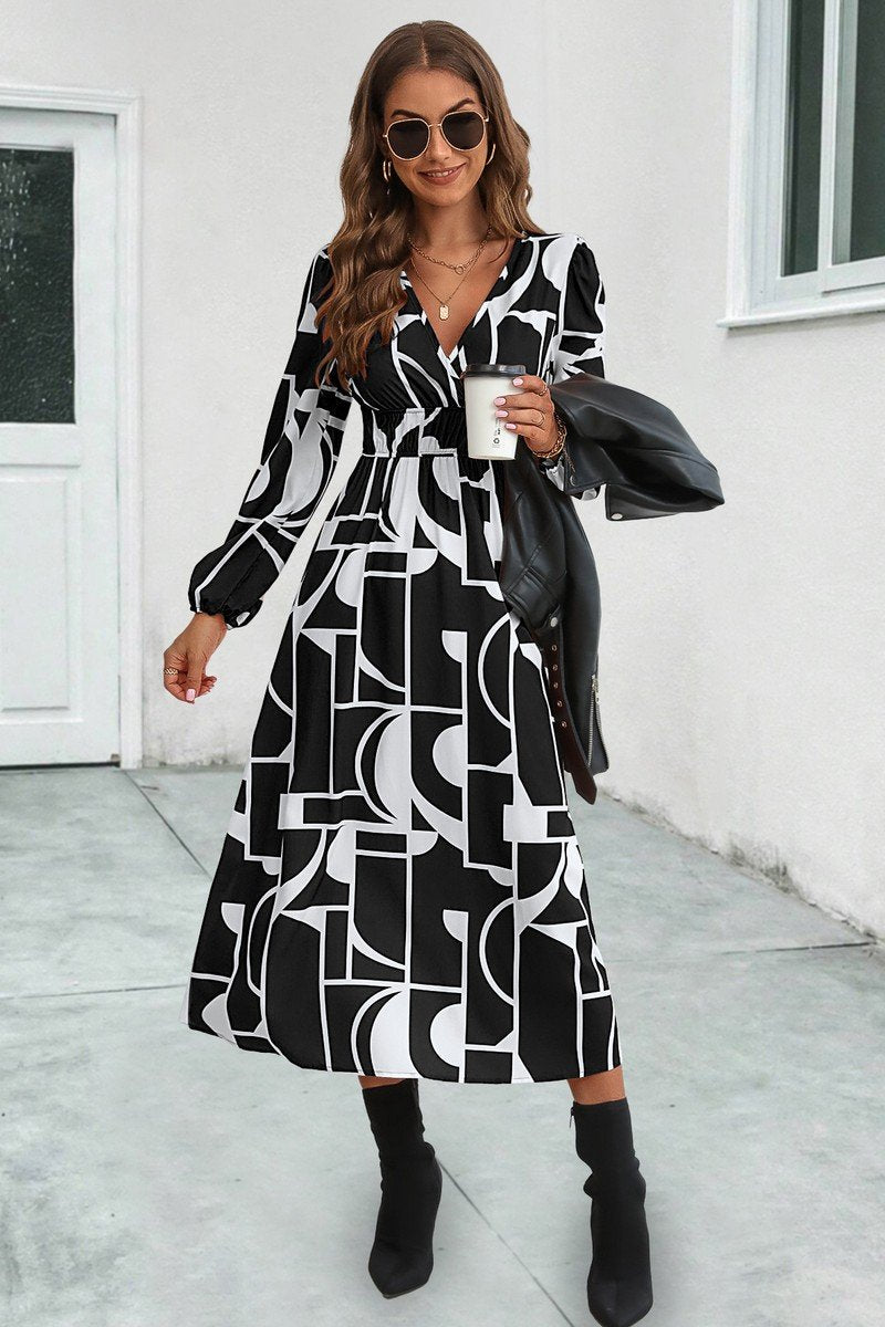 WOMEN ELASTIC WAIST V NECK PATTERNED LONG DRESS