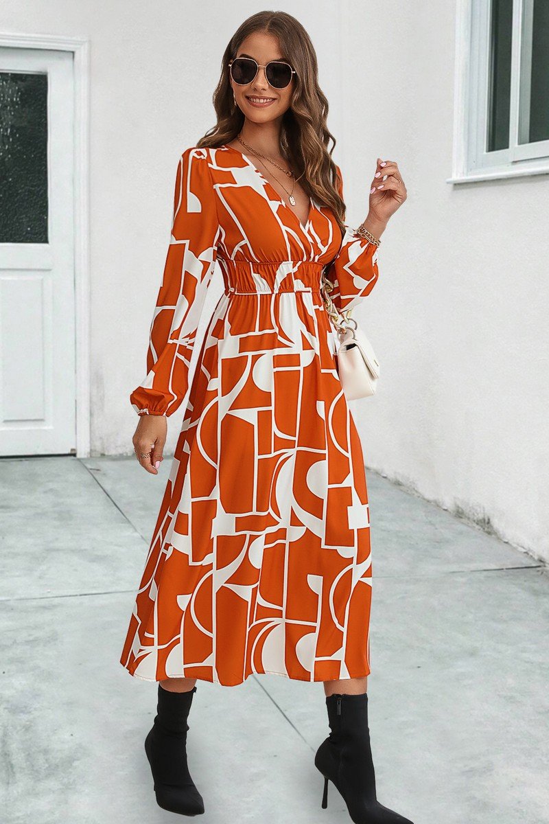 WOMEN ELASTIC WAIST V NECK PATTERNED LONG DRESS