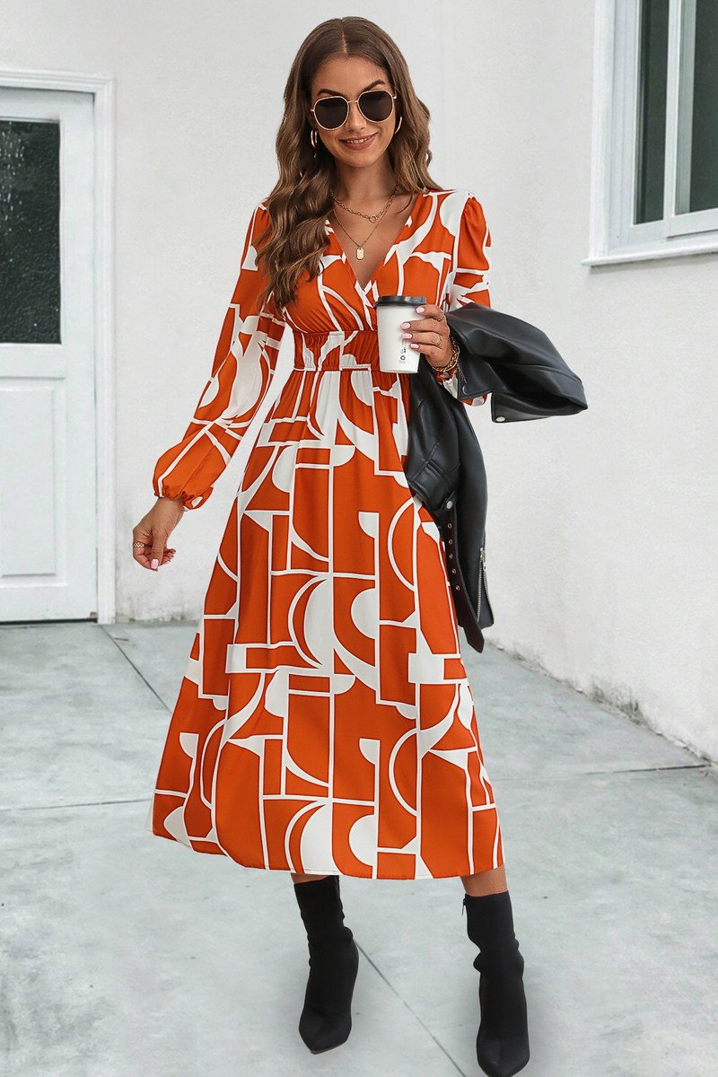 WOMEN ELASTIC WAIST V NECK PATTERNED LONG DRESS