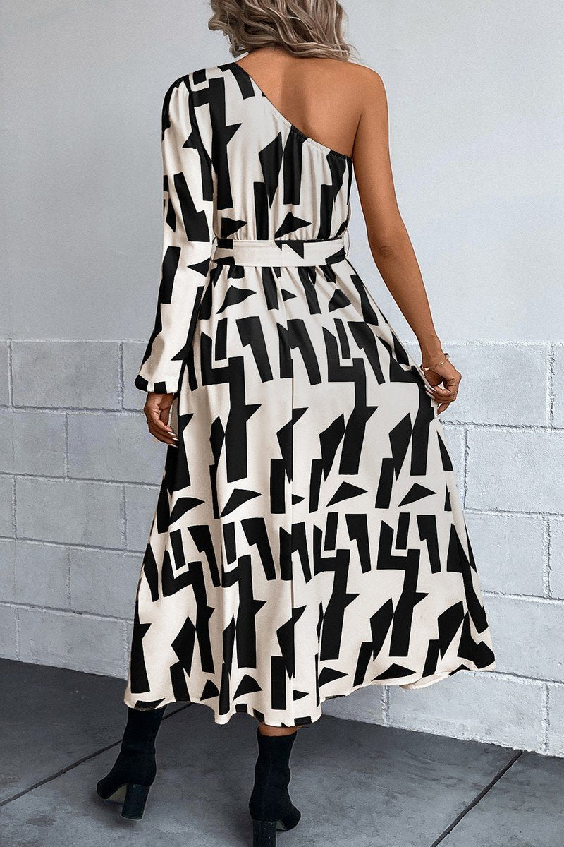 WOMEN ONE OFF SHOULDER BELTED LONG PRINT DRESS