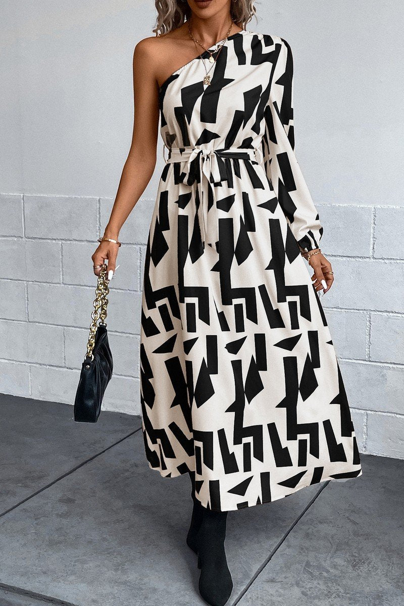 WOMEN ONE OFF SHOULDER BELTED LONG PRINT DRESS