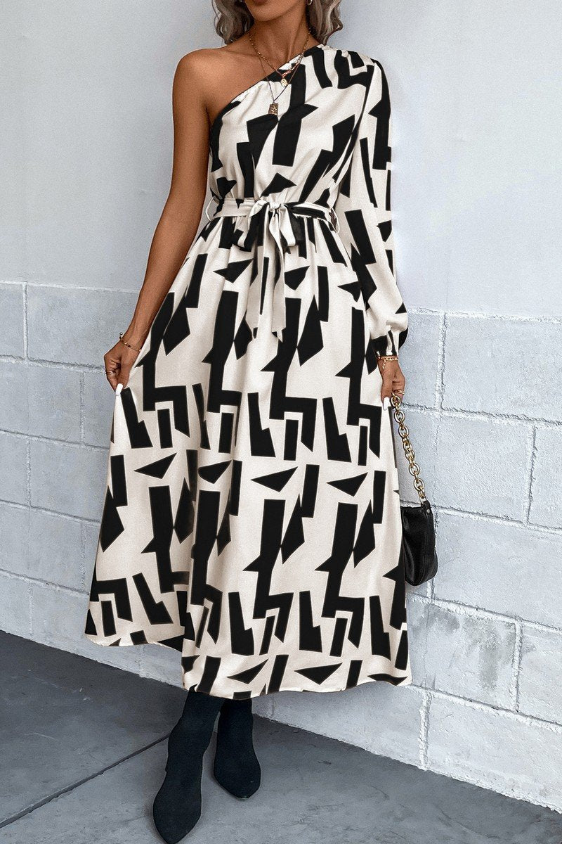 WOMEN ONE OFF SHOULDER BELTED LONG PRINT DRESS