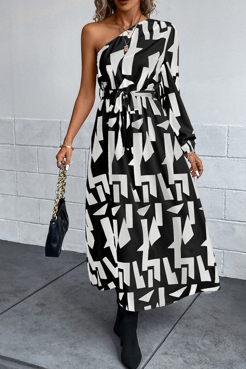 WOMEN ONE OFF SHOULDER BELTED LONG PRINT DRESS