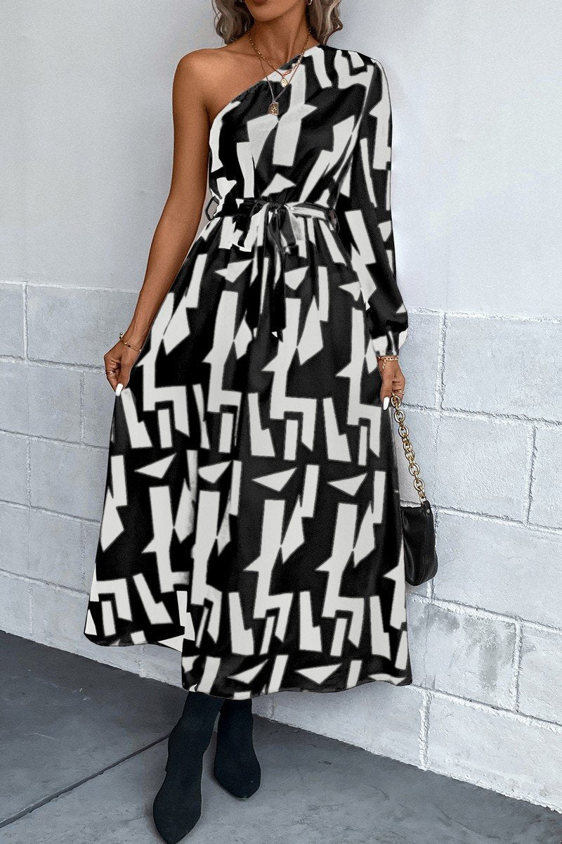 WOMEN ONE OFF SHOULDER BELTED LONG PRINT DRESS