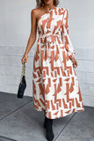 WOMEN ONE OFF SHOULDER BELTED LONG PRINT DRESS