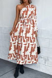 WOMEN ONE OFF SHOULDER BELTED LONG PRINT DRESS