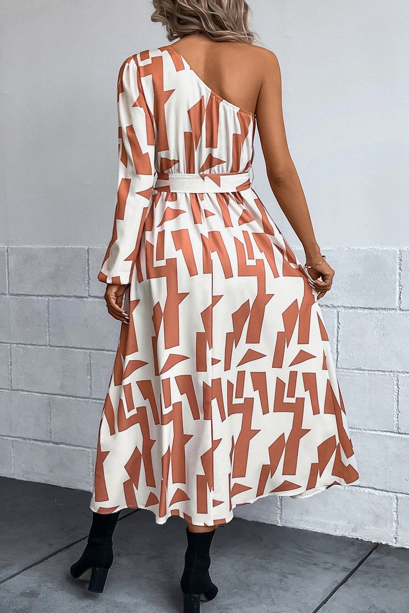 WOMEN ONE OFF SHOULDER BELTED LONG PRINT DRESS