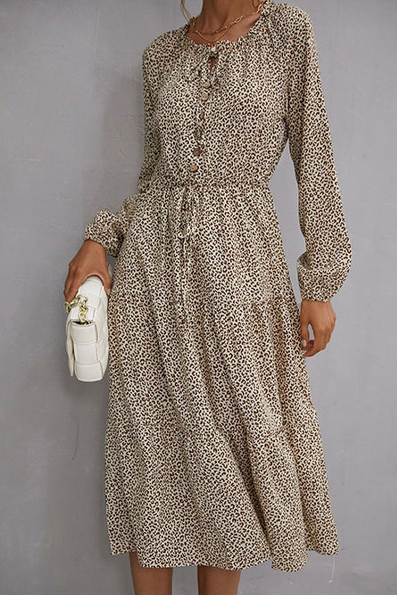 WOMEN BUTTON LACED NECK LEOPARD DRESS