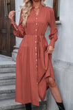 WOMEN LONG SLEEVE V NECK BELTED LONG LENGTH DRESS