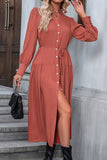 WOMEN LONG SLEEVE V NECK BELTED LONG LENGTH DRESS