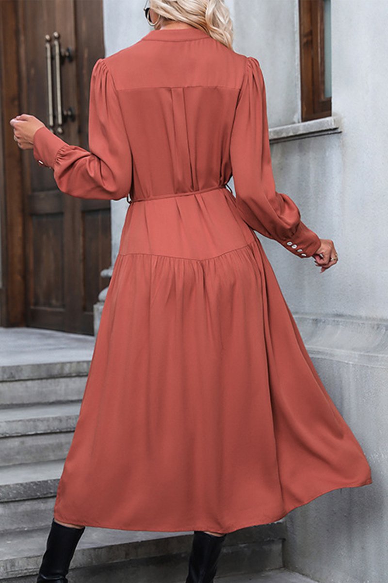 WOMEN LONG SLEEVE V NECK BELTED LONG LENGTH DRESS