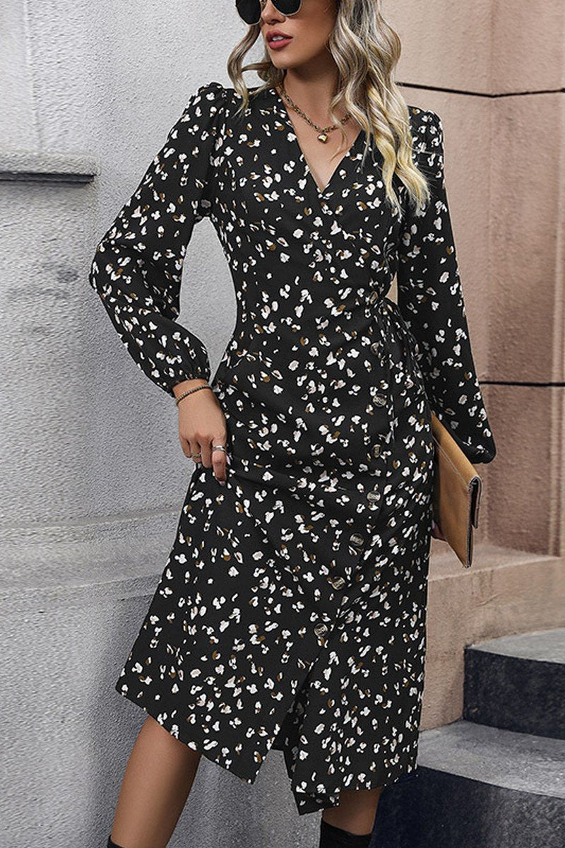 WOMEN V NECK LONG SLEEVE PRINTING MAXI DRESS