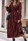 WOMEN DEEP NECK LONG SLEEVE FLORAL PRINTING DRESS