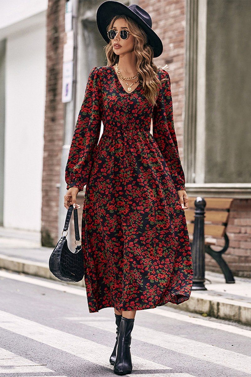 WOMEN DEEP NECK LONG SLEEVE FLORAL PRINTING DRESS