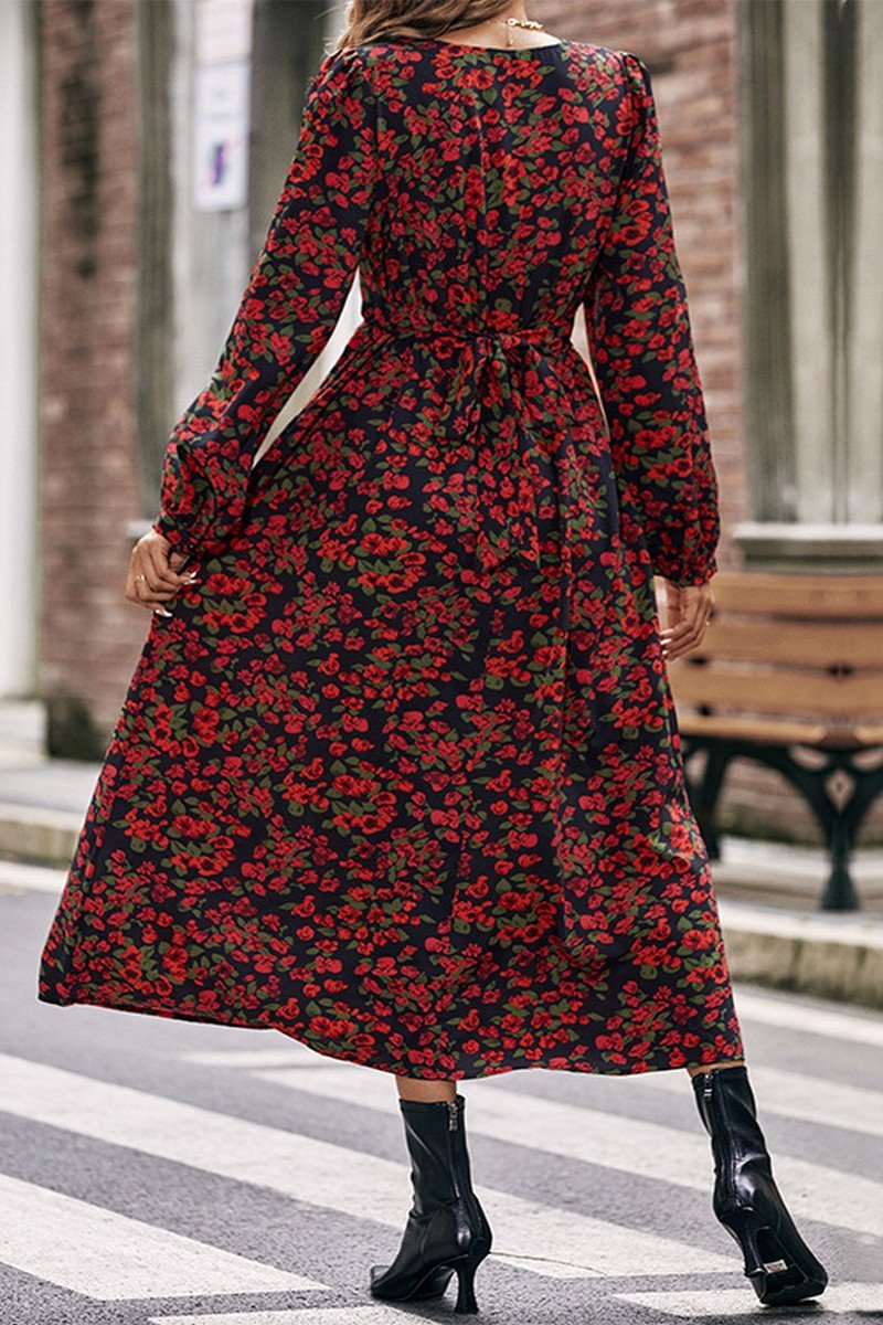 WOMEN DEEP NECK LONG SLEEVE FLORAL PRINTING DRESS