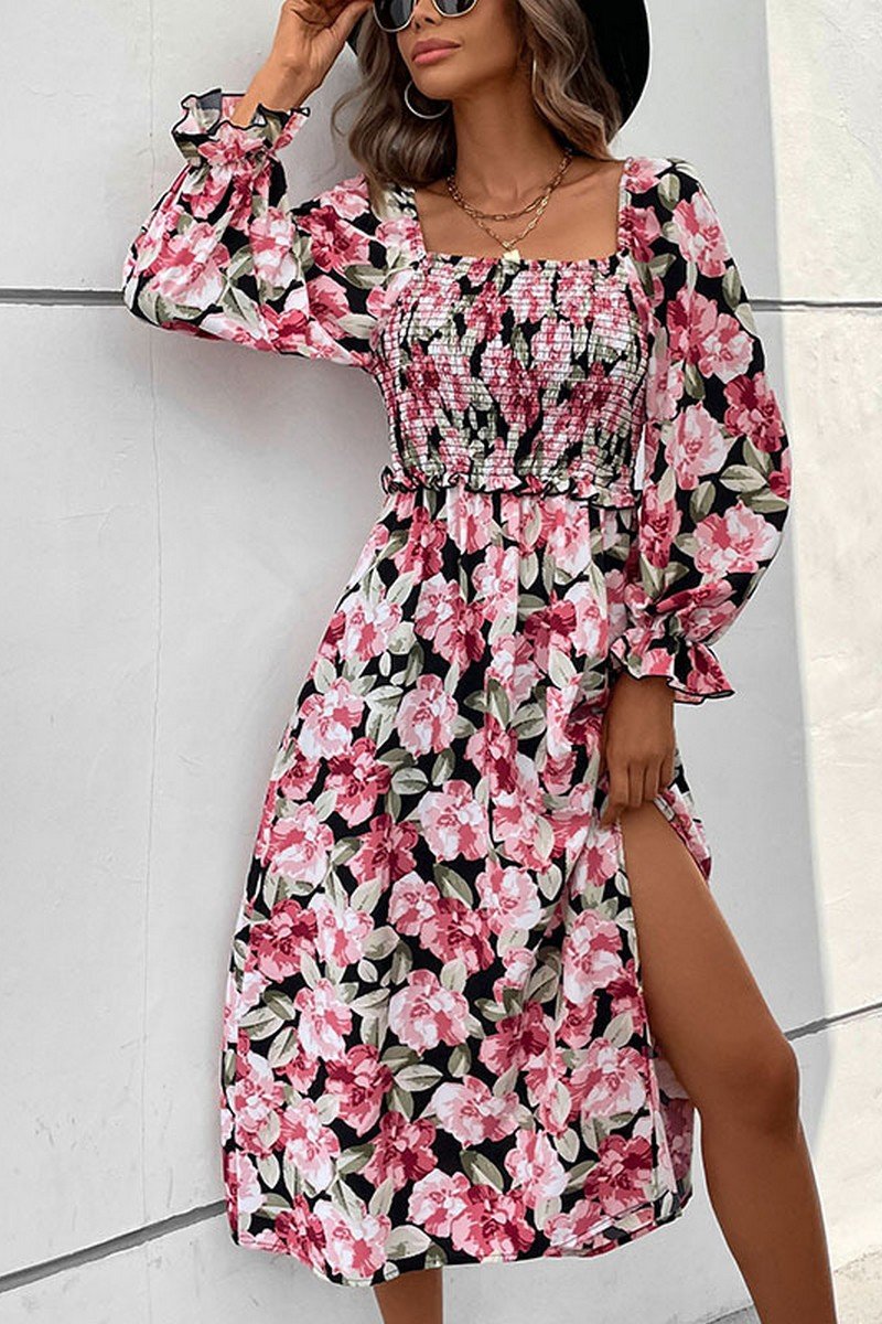 WOMEN BACK CUT OUT SMOCKED LONG SLEEVE DRESS