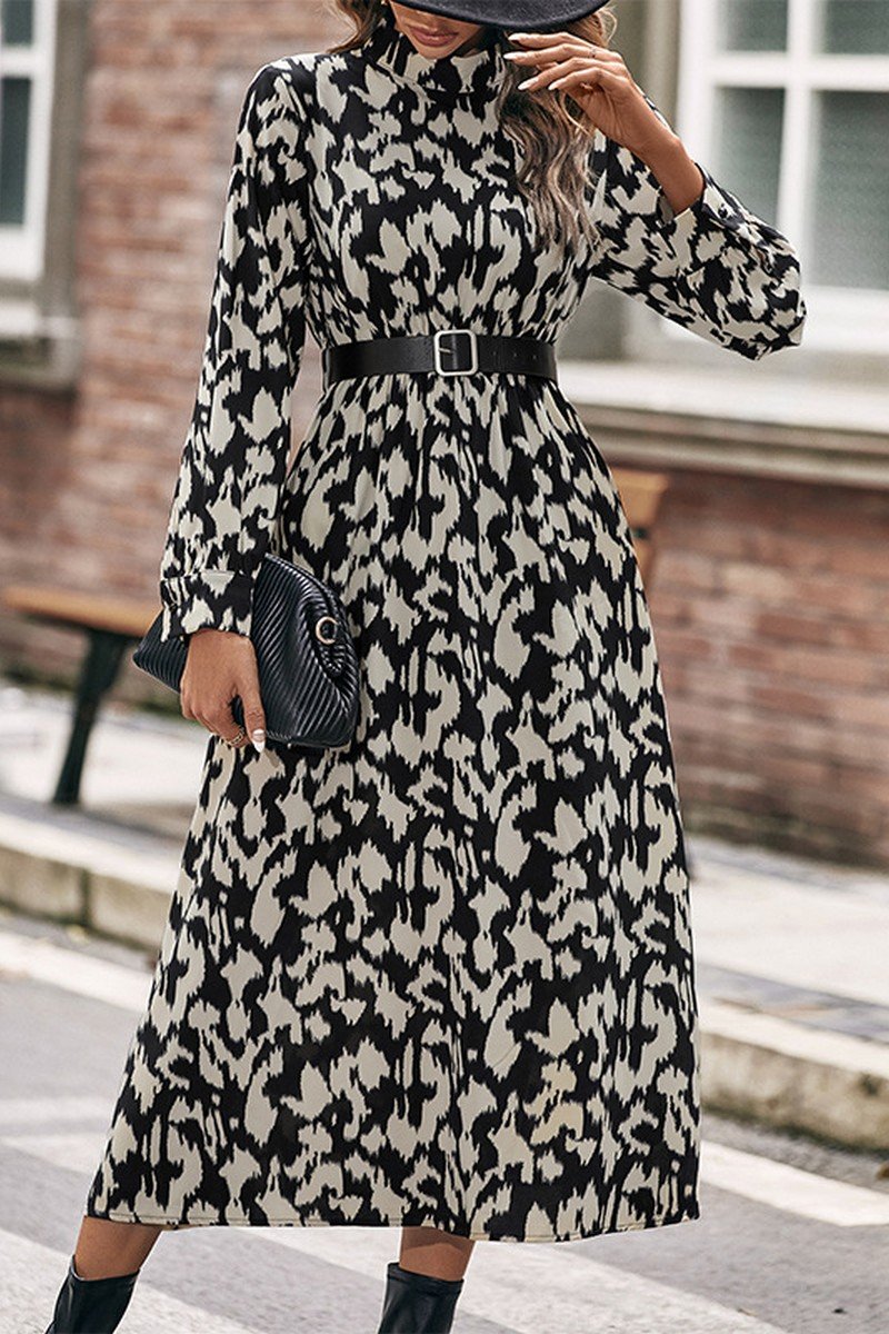 WOMEN HIGH NECK LONG SLEEVE LEOPARD MAXI DRESS