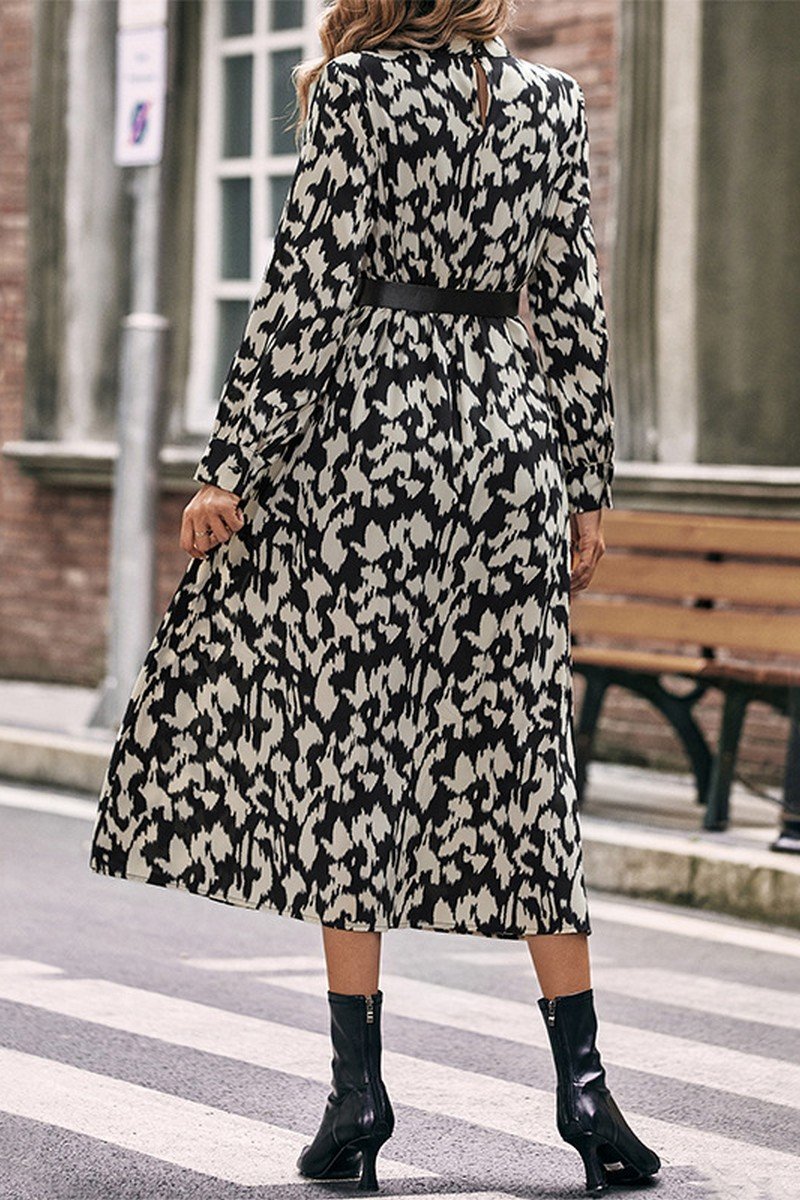 WOMEN HIGH NECK LONG SLEEVE LEOPARD MAXI DRESS