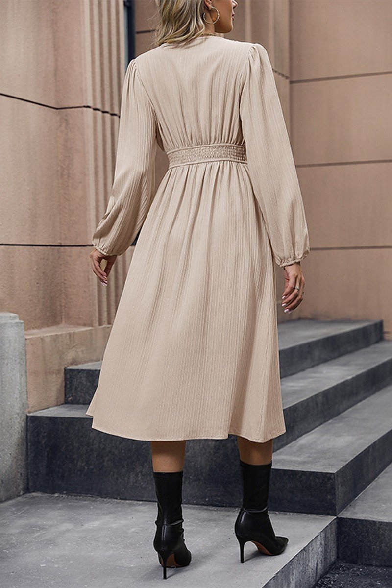 WOMEN V NECK LONG SLEEVE EMPIRE WAIST SLIT DRESS